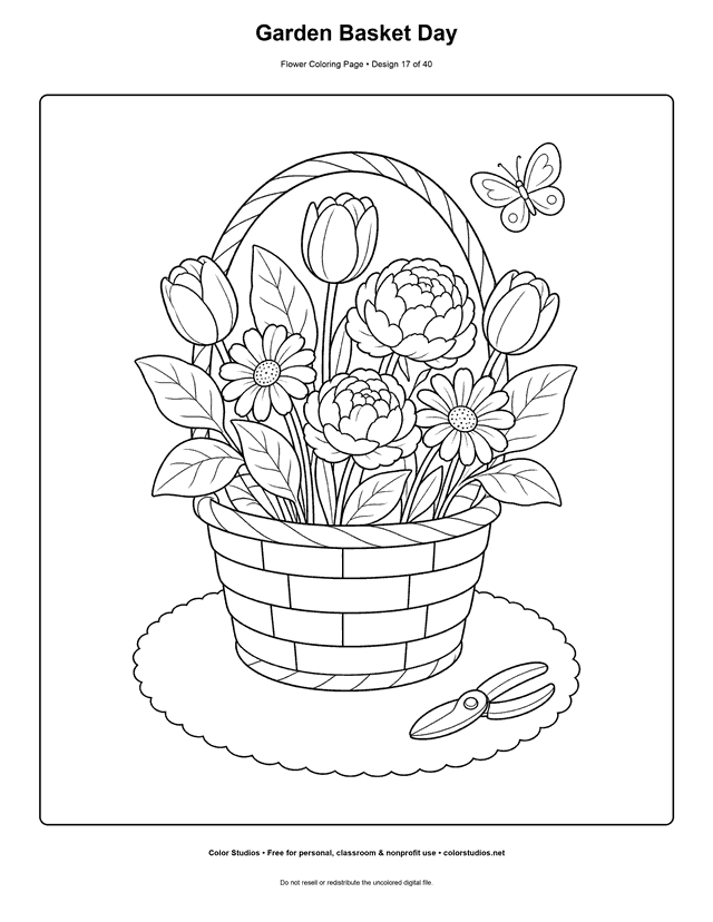 Woven basket filled with tulips, daisies, layered flowers, and leaves beside pruning shears coloring page.