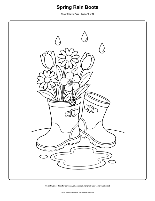 Pair of rain boots with tulips, daisies, a primrose, a ladybug, raindrops, and a puddle coloring page.