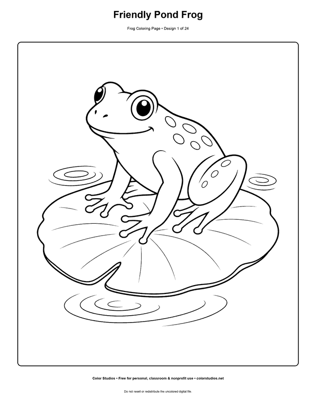 Friendly Pond Frog free printable frog coloring page.