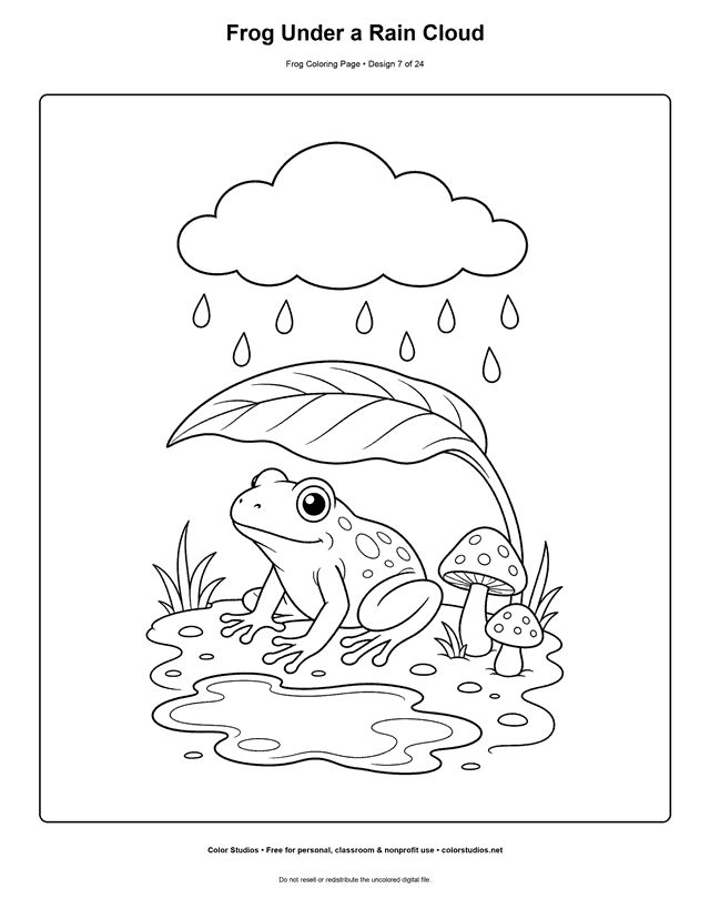 Frog Under a Rain Cloud free printable frog coloring page.