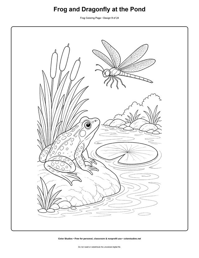 Frog and Dragonfly at the Pond free printable frog coloring page.