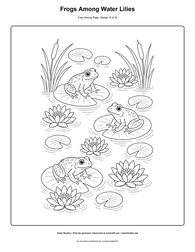 Frogs Among Water Lilies free printable frog coloring page.
