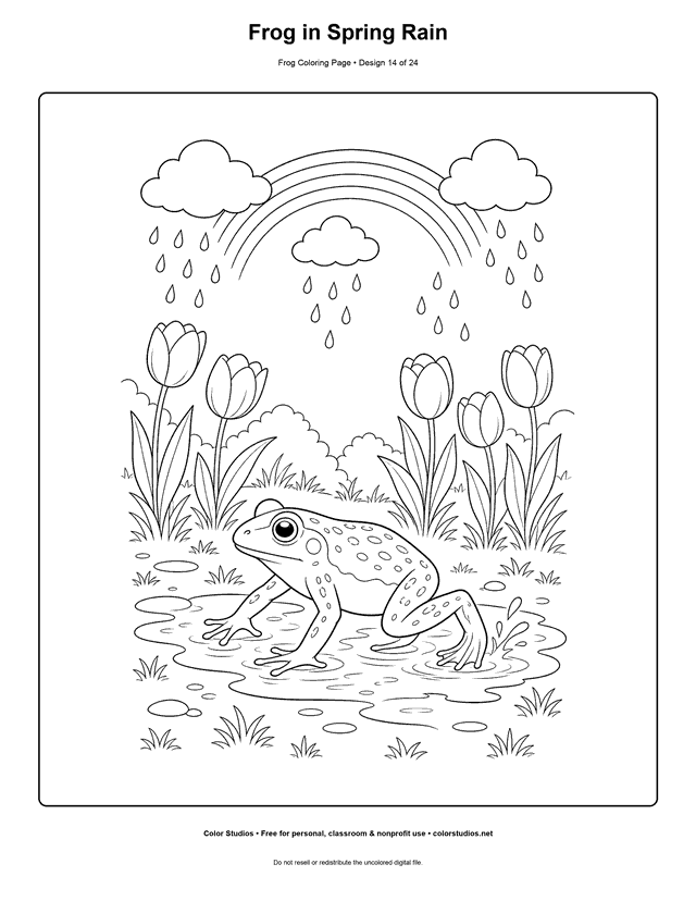 Frog in Spring Rain free printable frog coloring page.