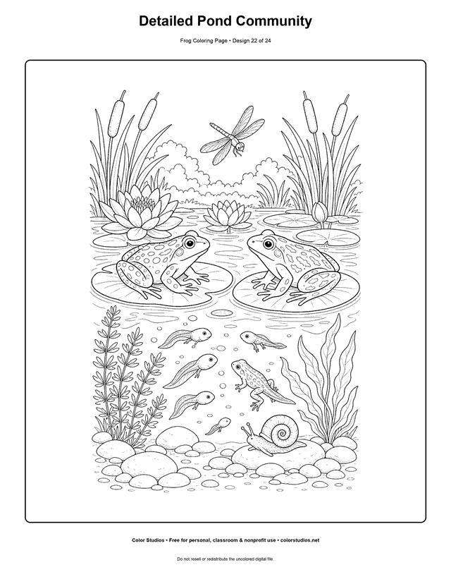 Detailed Pond Community free printable frog coloring page.