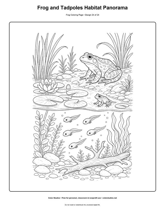 Frog and Tadpoles Habitat Panorama free printable frog coloring page.