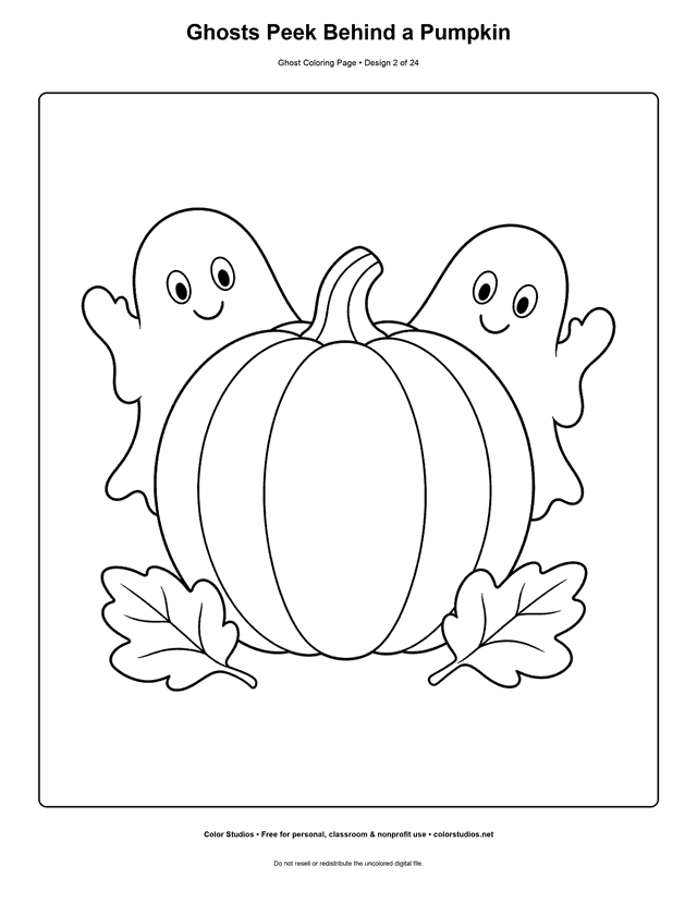 Ghosts Peek Behind a Pumpkin free printable friendly ghost coloring page.