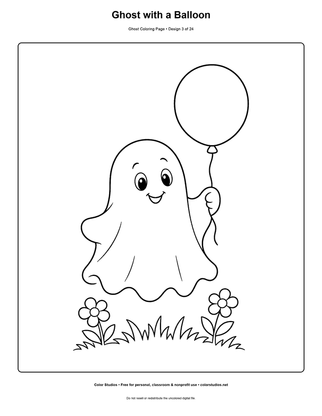 Ghost with a Balloon free printable friendly ghost coloring page.