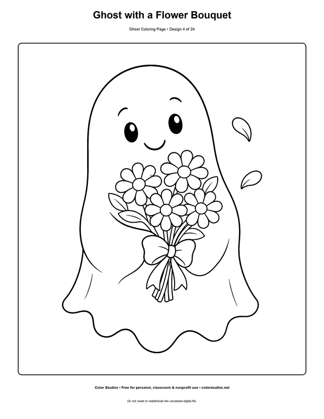 Ghost with a Flower Bouquet free printable friendly ghost coloring page.