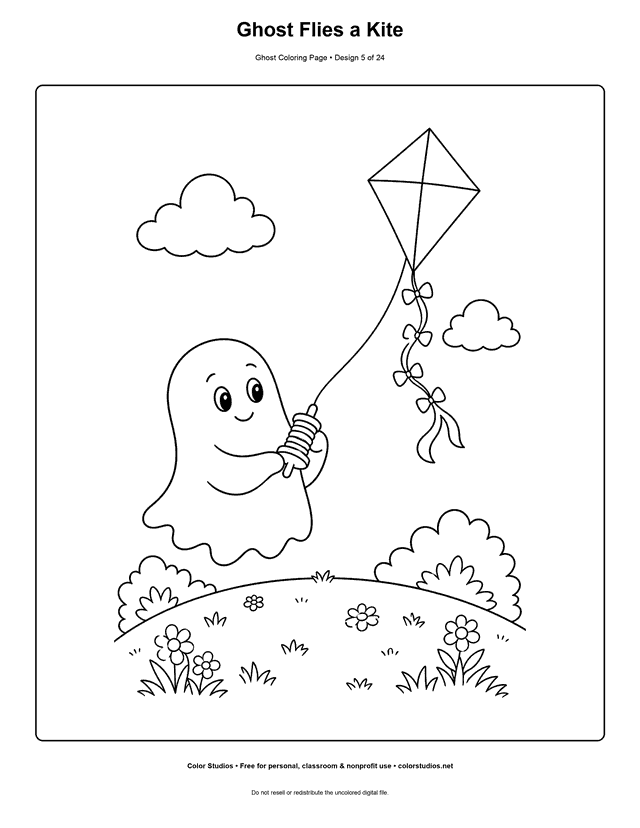 Ghost Flies a Kite free printable friendly ghost coloring page.