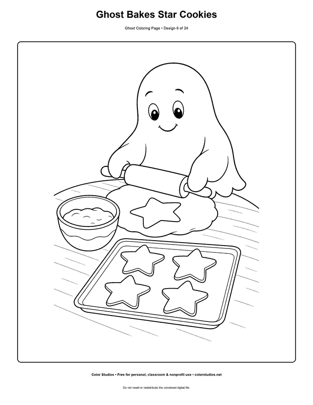 Ghost Bakes Star Cookies free printable friendly ghost coloring page.