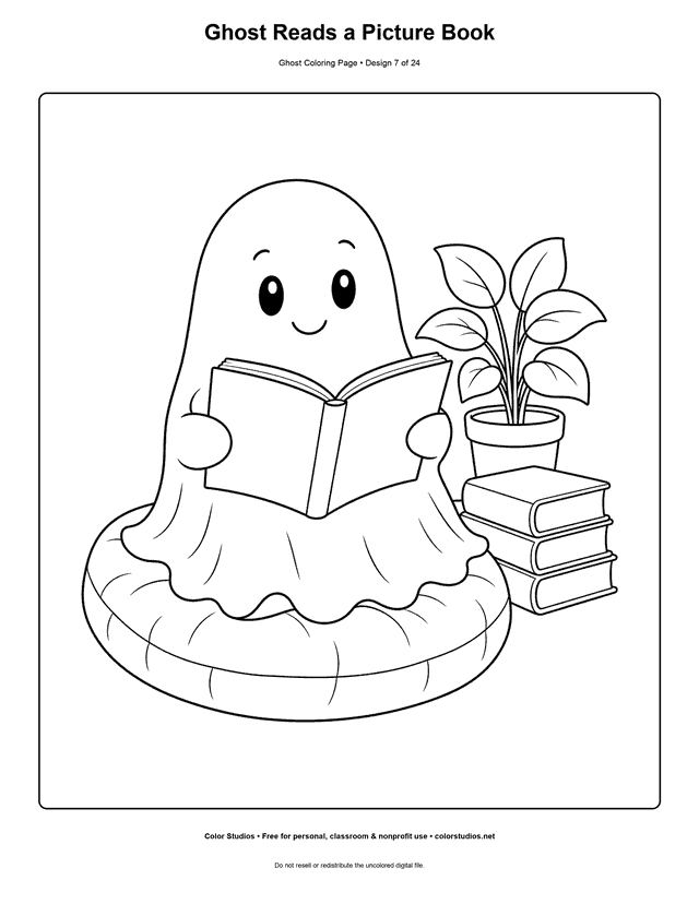 Ghost Reads a Picture Book free printable friendly ghost coloring page.