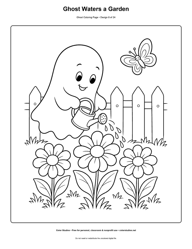 Ghost Waters a Garden free printable friendly ghost coloring page.