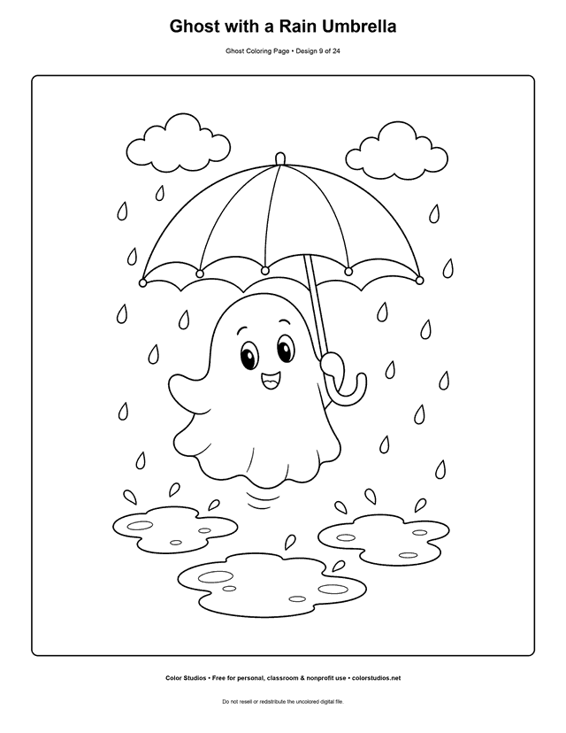 Ghost with a Rain Umbrella free printable friendly ghost coloring page.