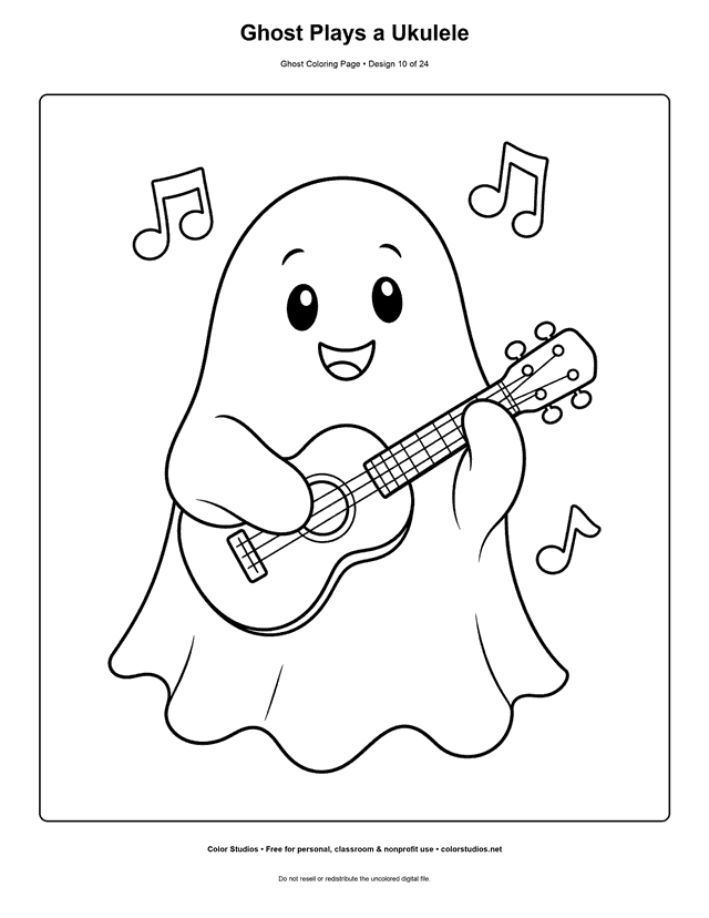 Ghost Plays a Ukulele free printable friendly ghost coloring page.