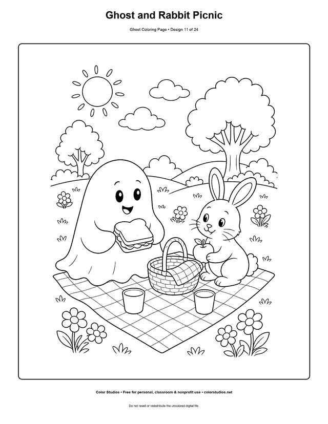 Ghost and Rabbit Picnic free printable friendly ghost coloring page.