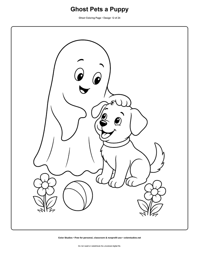 Ghost Pets a Puppy free printable friendly ghost coloring page.