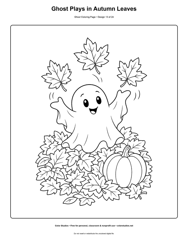 Ghost Plays in Autumn Leaves free printable friendly ghost coloring page.