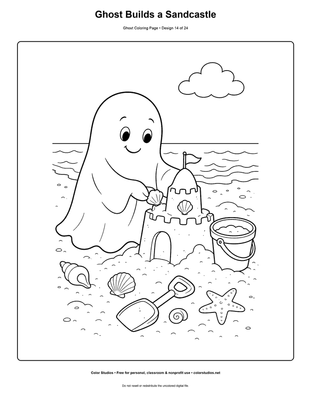 Ghost Builds a Sandcastle free printable friendly ghost coloring page.