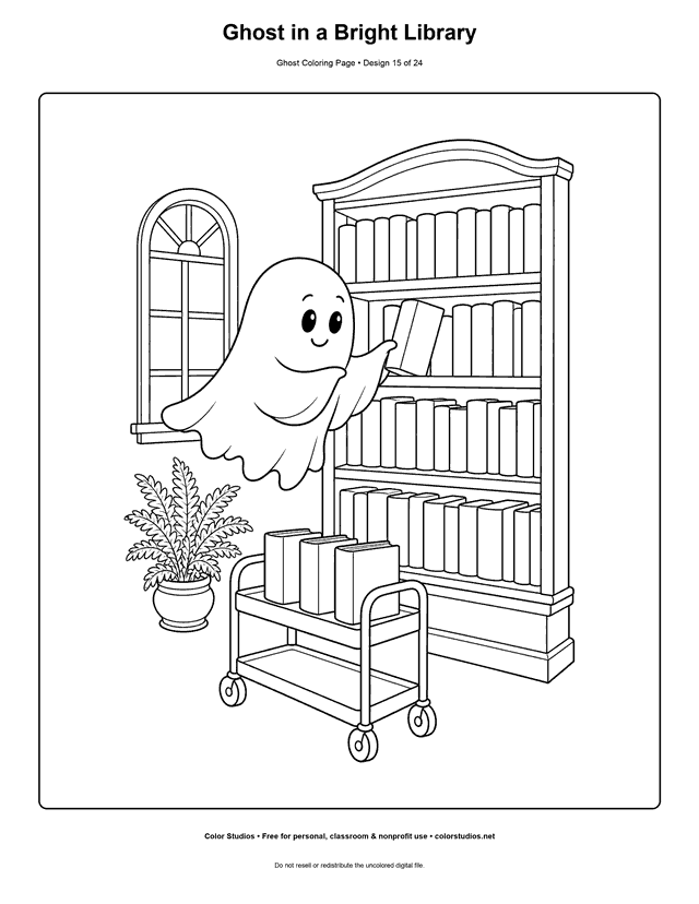 Ghost in a Bright Library free printable friendly ghost coloring page.