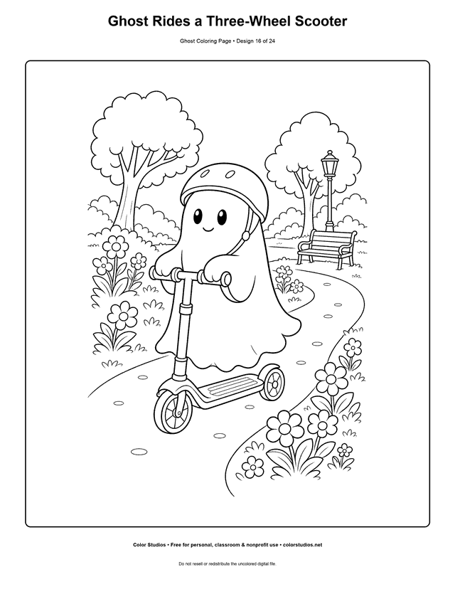 Ghost Rides a Three-Wheel Scooter free printable friendly ghost coloring page.