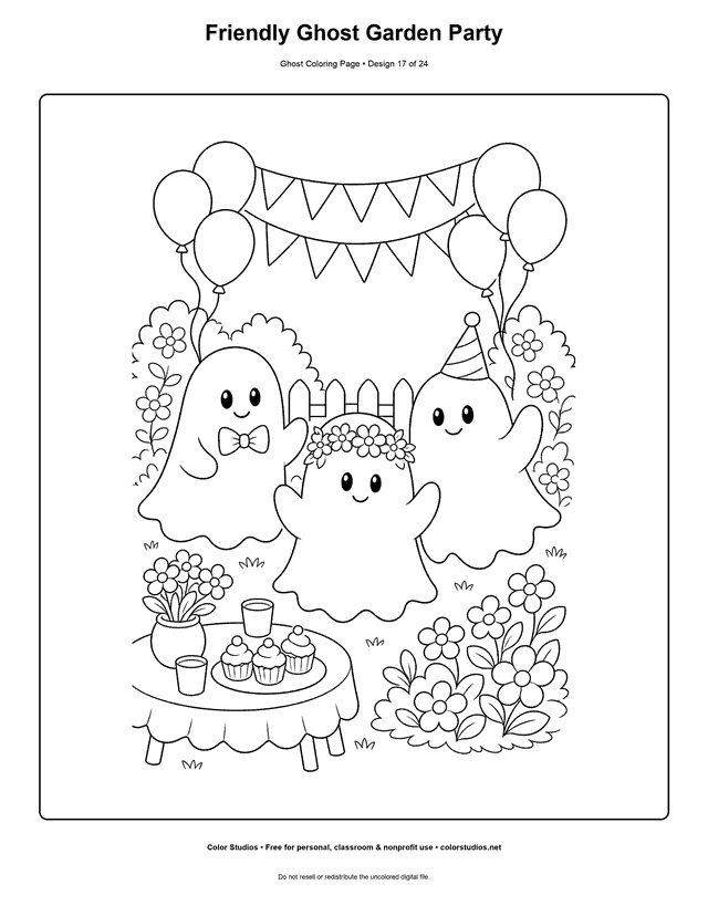 Friendly Ghost Garden Party free printable friendly ghost coloring page.