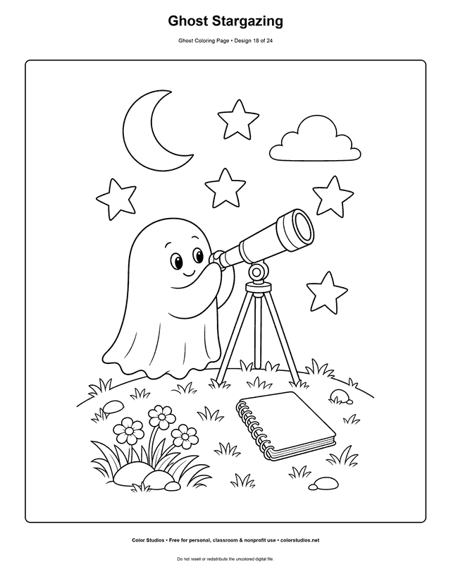 Ghost Stargazing free printable friendly ghost coloring page.