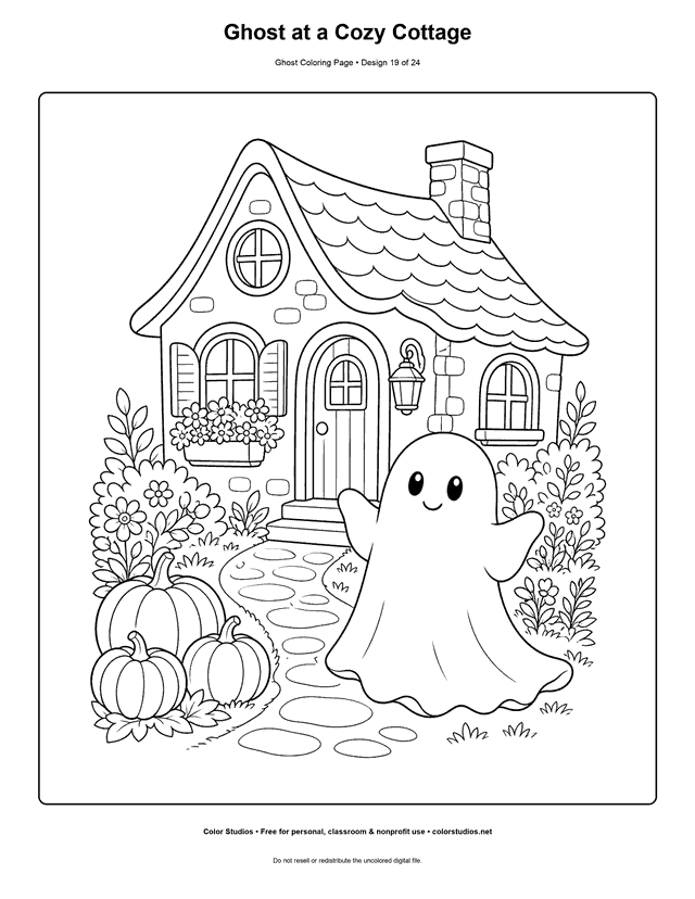 Ghost at a Cozy Cottage free printable friendly ghost coloring page.