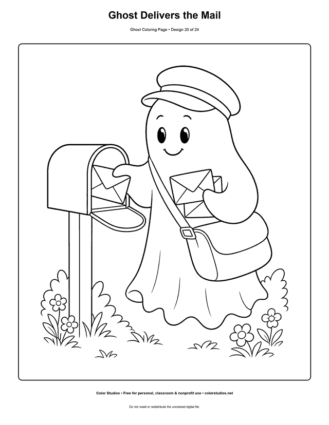 Ghost Delivers the Mail free printable friendly ghost coloring page.