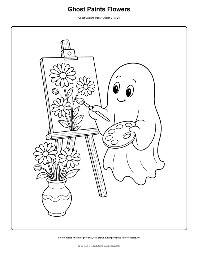 Ghost Paints Flowers free printable friendly ghost coloring page.