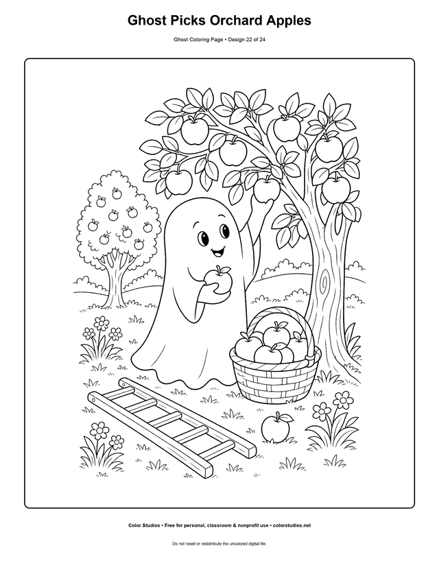 Ghost Picks Orchard Apples free printable friendly ghost coloring page.