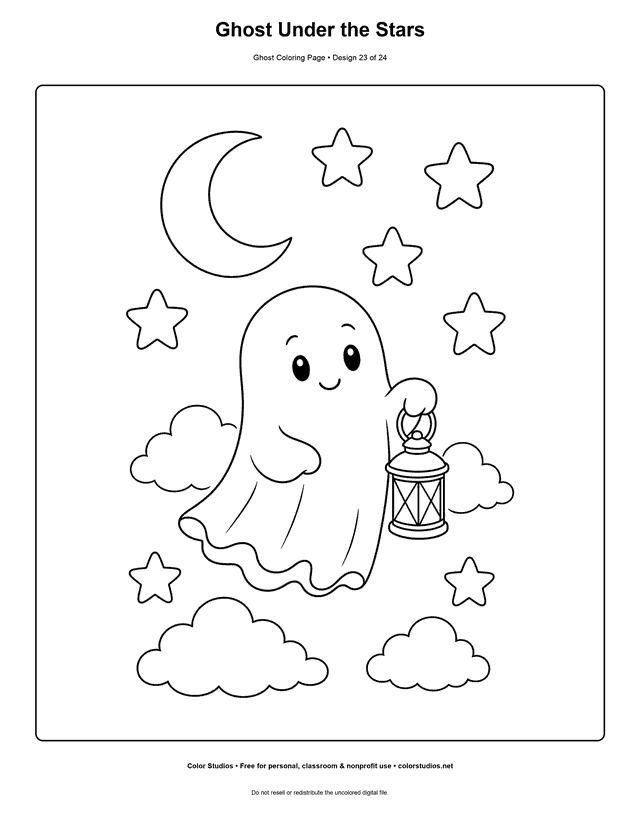 Ghost Under the Stars free printable friendly ghost coloring page.