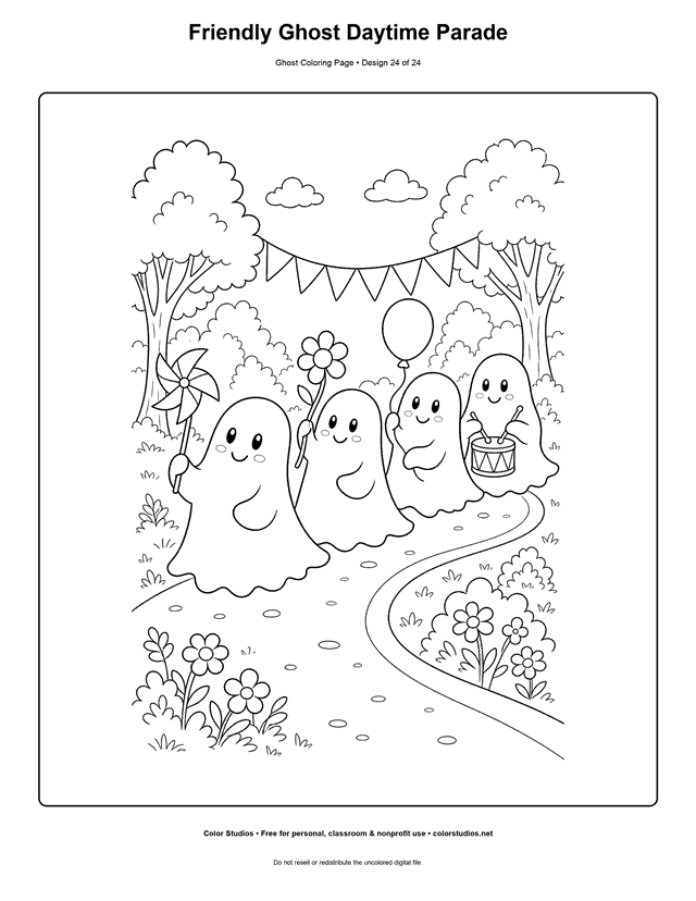 Friendly Ghost Daytime Parade free printable friendly ghost coloring page.