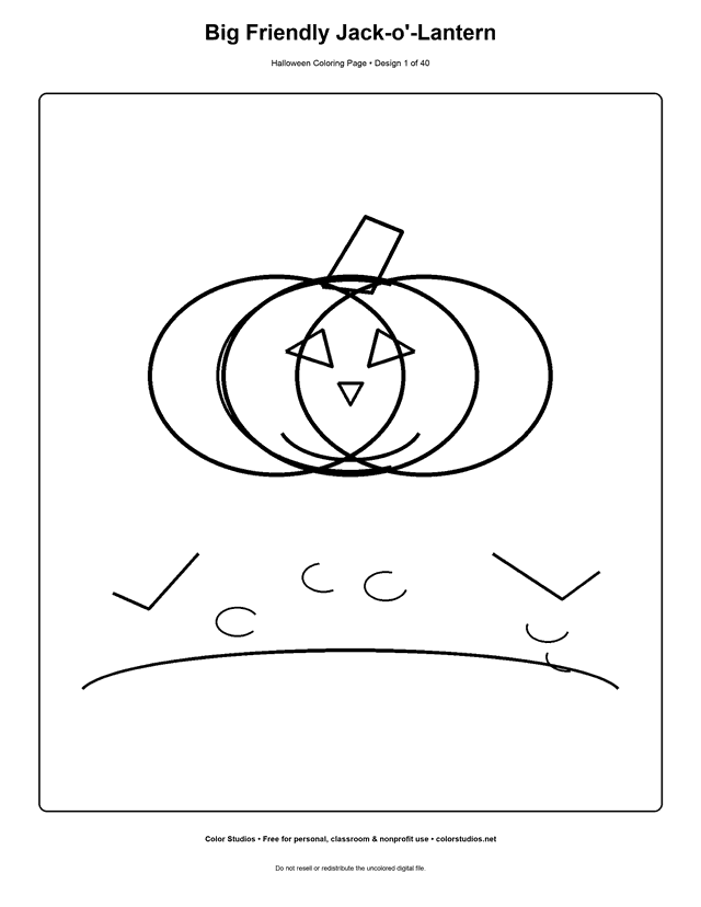Easy smiling jack-o'-lantern pumpkin coloring page.
