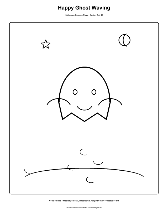Easy friendly ghost waving under a crescent moon coloring page.