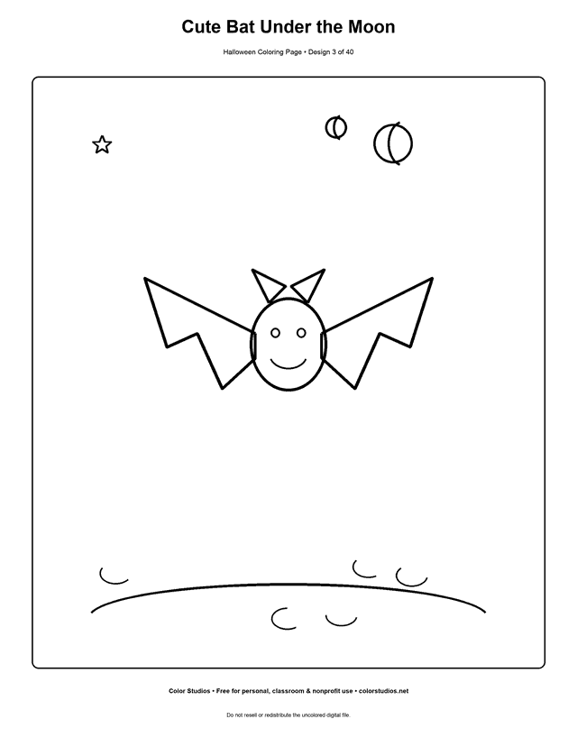 Cute bat flying under a crescent moon coloring page.