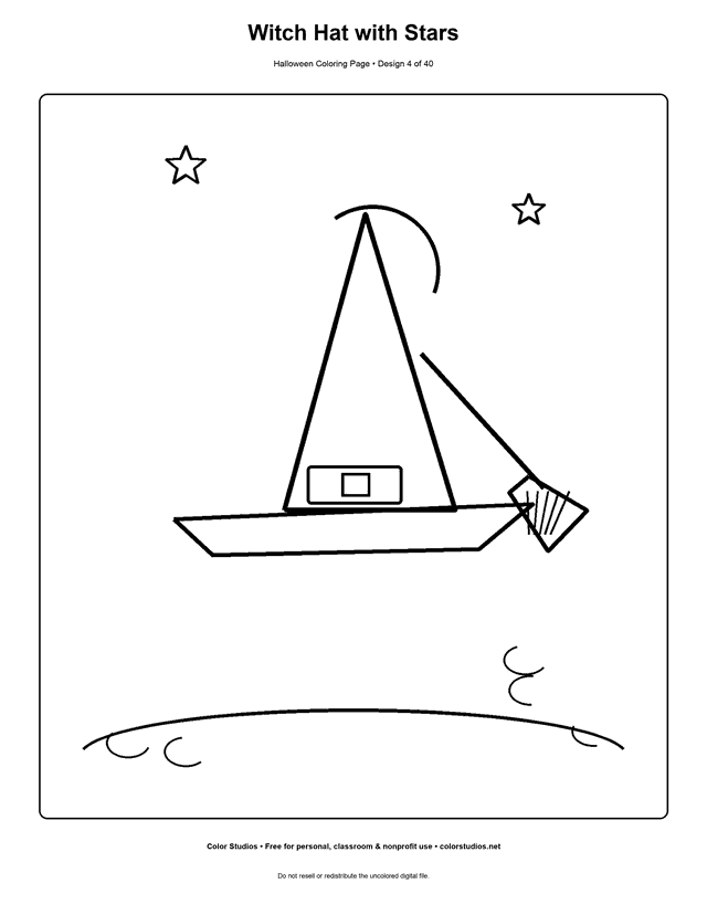 Easy witch hat with stars and a broom coloring page.