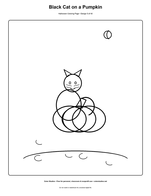 Black cat sitting on a pumpkin Halloween coloring page.