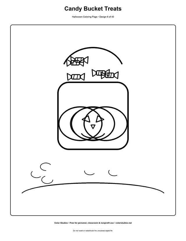 Halloween candy bucket with treats coloring page.