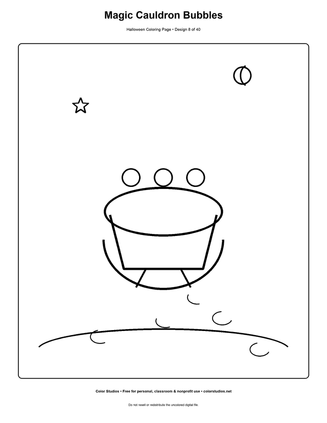 Magic cauldron with bubbles and a spoon coloring page.