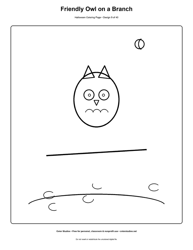Friendly owl on a branch at Halloween coloring page.
