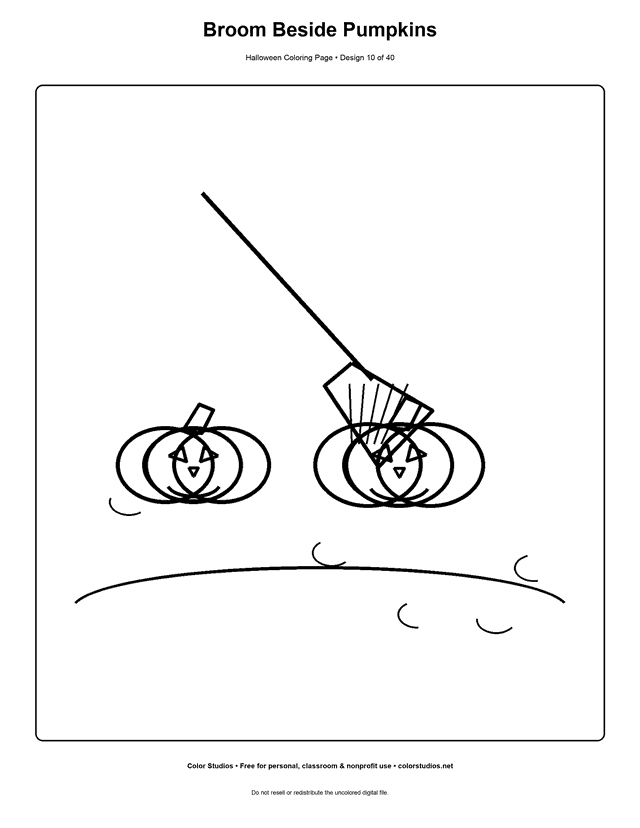 Witch broom leaning beside two pumpkins coloring page.
