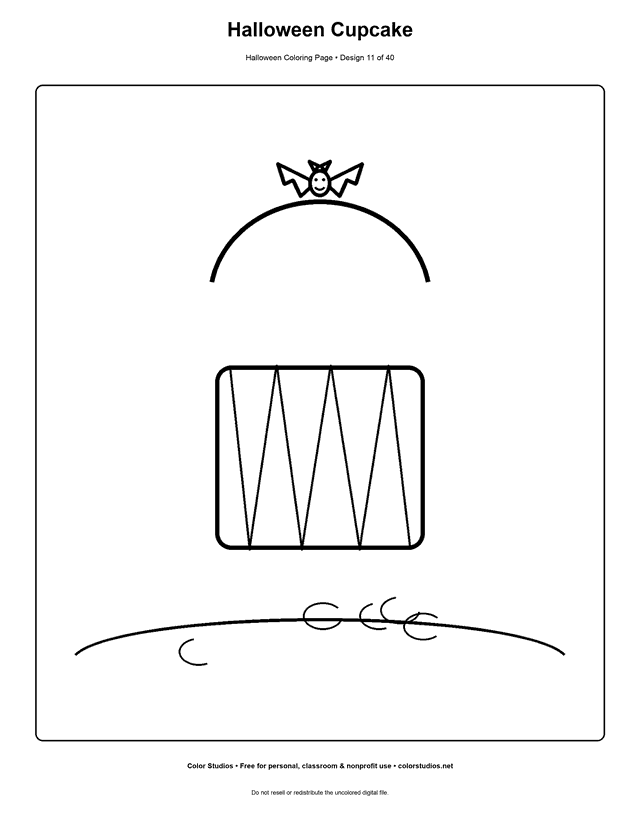Cute Halloween cupcake with a bat topper coloring page.