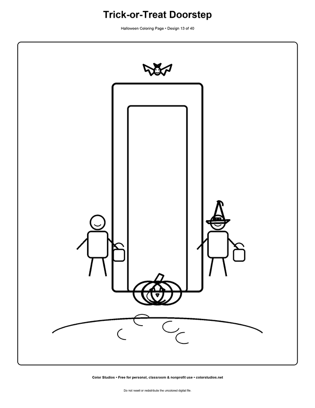 Two children trick-or-treating at a decorated doorstep coloring page.