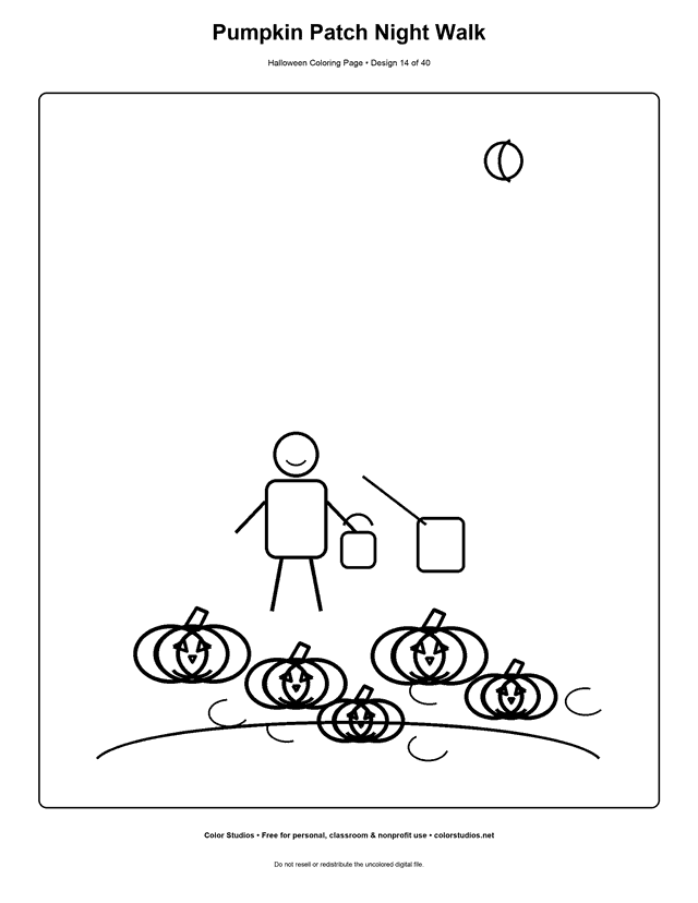 Child walking through a friendly Halloween pumpkin patch coloring page.
