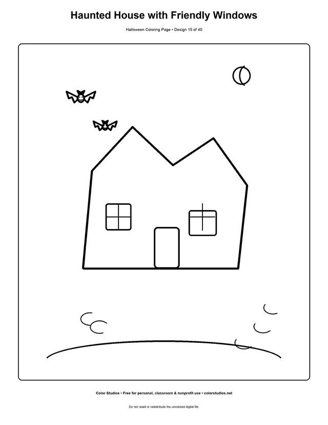 Whimsical haunted house with bats and moon coloring page.