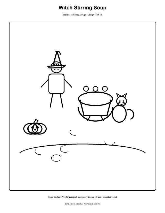 Friendly original witch stirring a cauldron coloring page.