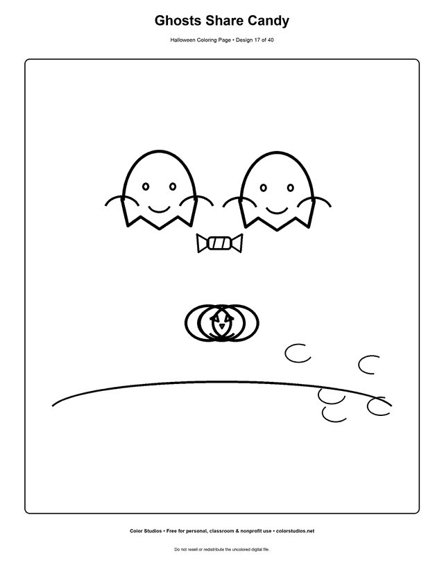 Two cute ghosts sharing Halloween candy coloring page.