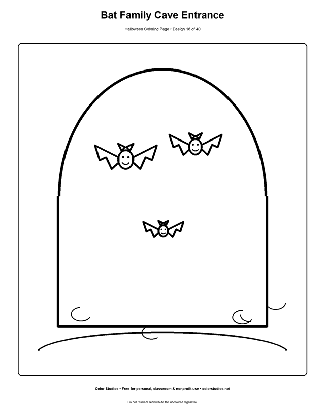 Bat family near a cave entrance Halloween coloring page.