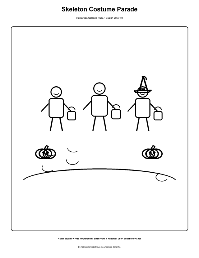 Children in original Halloween costumes walking in a parade coloring page.