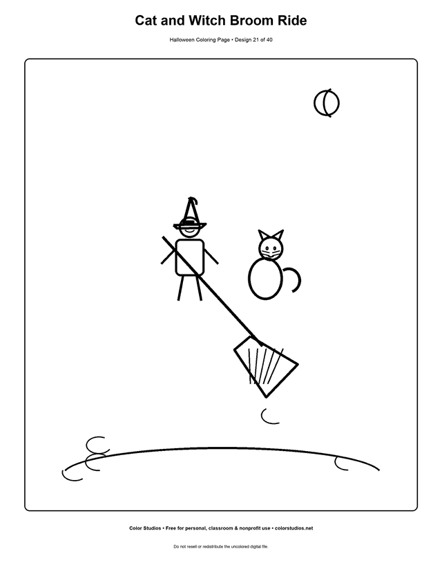 Friendly witch and cat riding a broom coloring page.